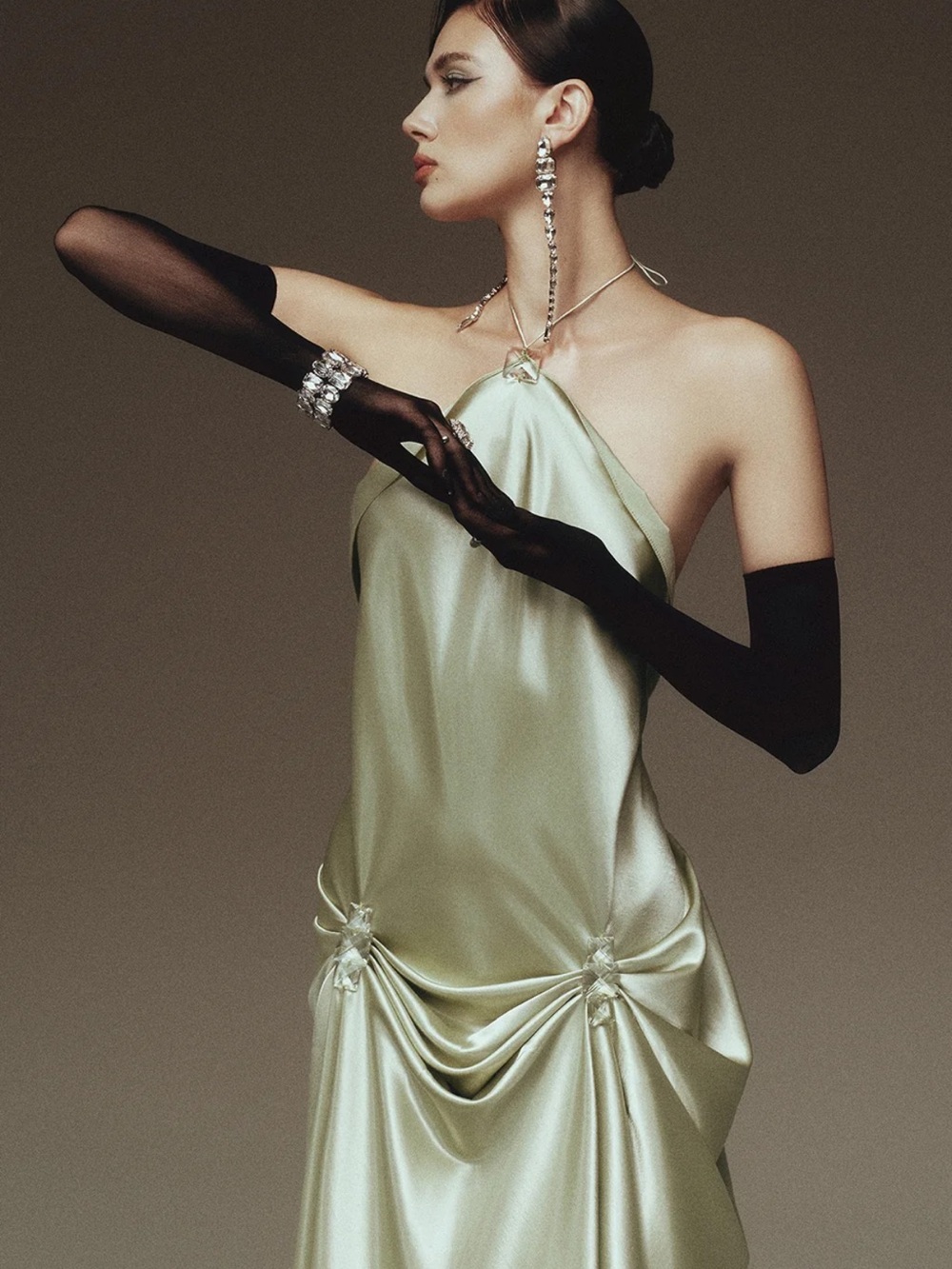 LA VIERGE satin crystal pearl halter dress